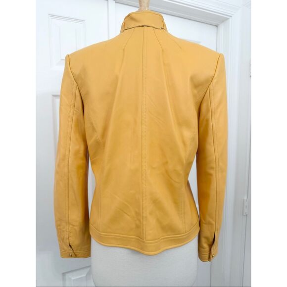 St. John Sport Marie Yellow Gold Mock Neck Full Zip Leather Jacket Size Medium - Picture 5 of 13